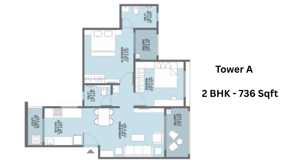 JN-AA-Privilege-Floor-Plan- Tower- A- 2 BHK - 736 Sqft